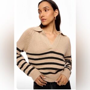 Marine Layer Beige and Black Striped V-Neck Sweater